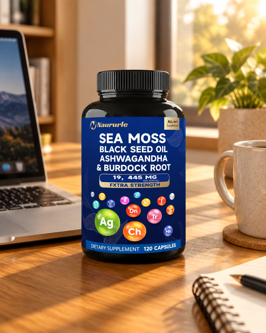 Sea moss bottle on a home office desk