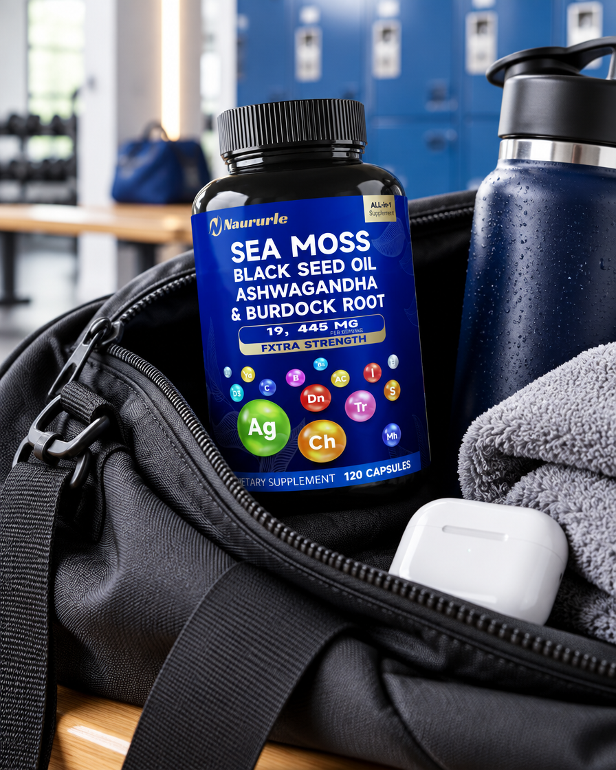 Sea moss bottle in a gym bag
