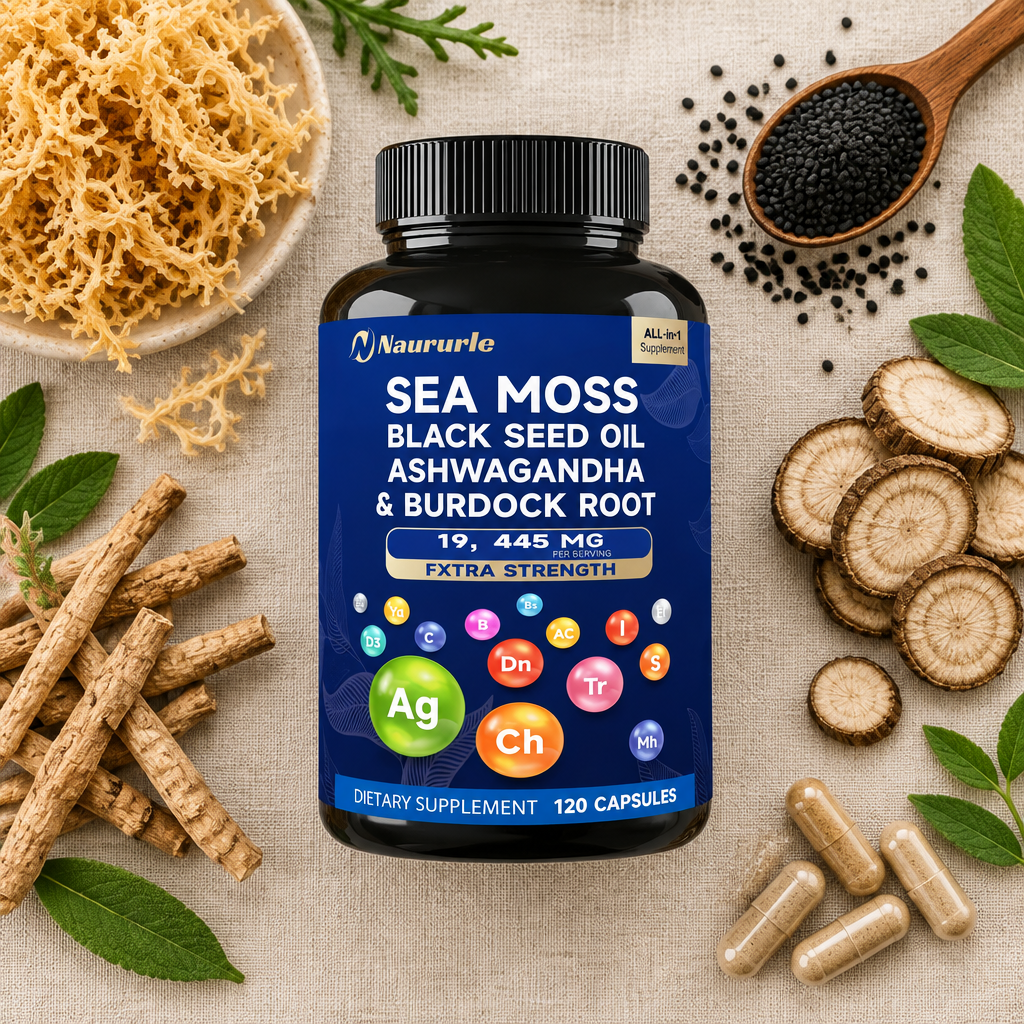 Sea moss bottle with its four ingredients