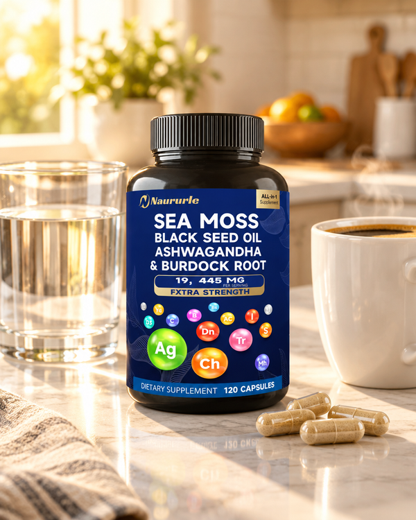 Ashgrove sea moss bottle on a kitchen counter