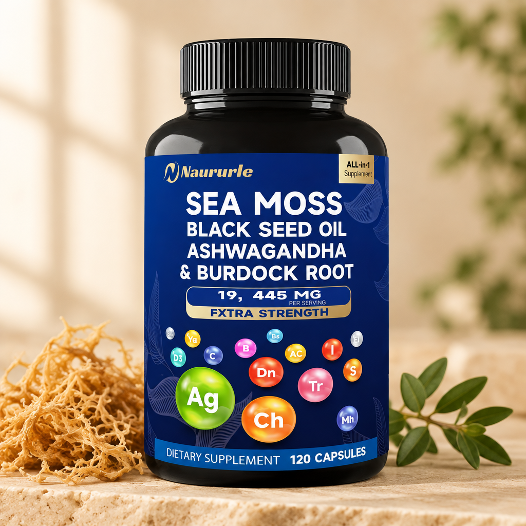 Sea Moss Daily Superfood bottle on a cream stone surface