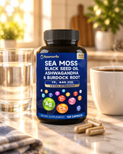 Sea moss bottle on a kitchen counter in the morning